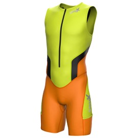 Sparx Men Competitor Triathlon Suit Mens Trisuits | Italian Technical Fabric | Soft Chamois | 4 Pockets | Bike-Swim-Run (Lime/Orange, 2XL)