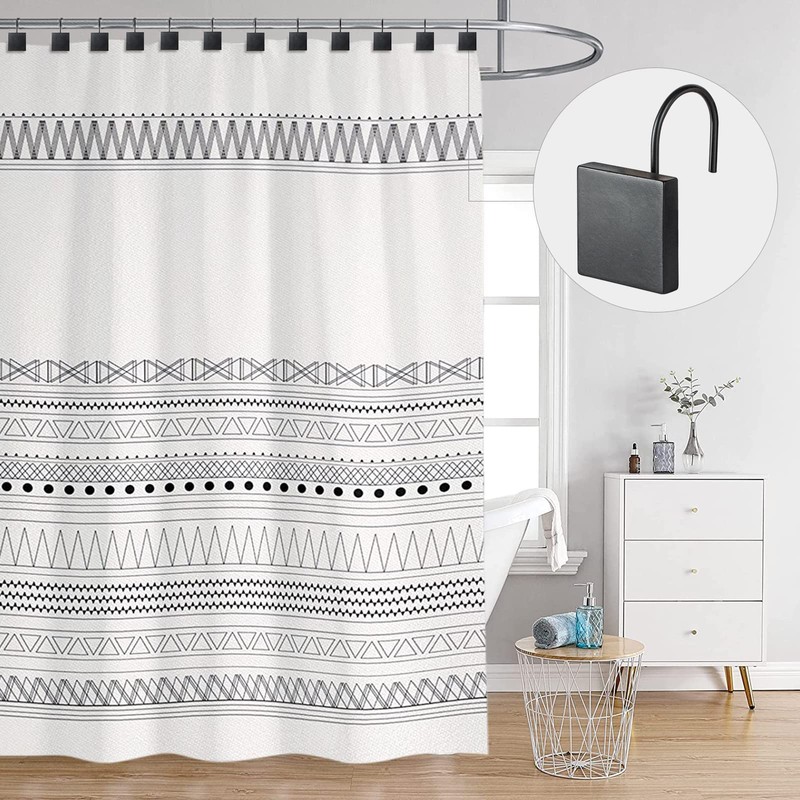 Sunlit Geometric Decorative Shower Curtain Hooks, Matte Square Geometric Black