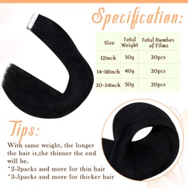Easyouth Tape in Hair Extensions Human Hair Glue in Extensions Black Double Sided Tape in Extensions Human Hair Jet Black #1 for Women 20Inch 50g 20Pcs