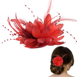 Red Fascinator Elegant Feather Flower Hair Clip Fascinators Corsage Beaded Beak Hair Clip Brooch,Ideal Hair Accessories for Women and Girls Birthday,Bridal,Engagement Wedding,Ascot,Derby,Party