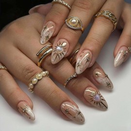 ONPRESS 24Pcs Gold Sun Press on Nails Medium Alomd Fake Nails with 3D Pink Heart Shape Charms Design White Blooming French Tip Nude Glue on Nails Glossy Full Cover Acrylic Nails for Women Girls