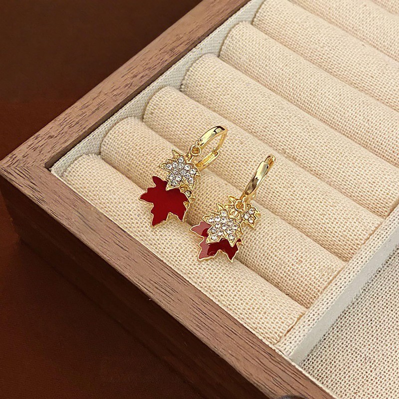 Maple Leaf Earrings for Women Autumn Thanksgiving Earrings Red Crystal