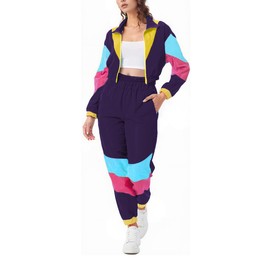Bealin Women's Color Block 2 Piece 80s 90s Windbreaker Outfits Long Sleeve Zip Front Crop Top Tracksuit Set Purple S