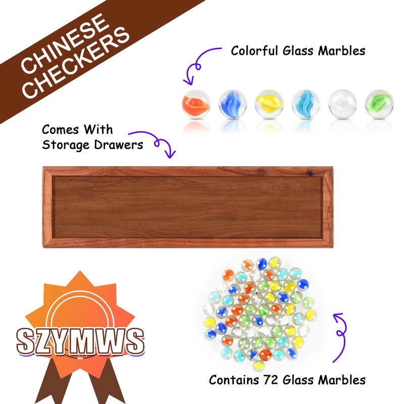 12.7 Inches Wooden Chinese Checkers Set with Storage Drawer -60