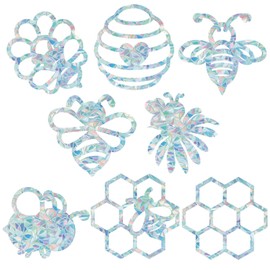 GORGECRAFT 16Pcs 8 Styles Bees Rainbow Window Stickers Honeycomb Window Clings Static Non Adhesive Collision Glass Stickers Vinyl Film Laser Stained Decals for Sliding Doors Prevent Birds Strikes