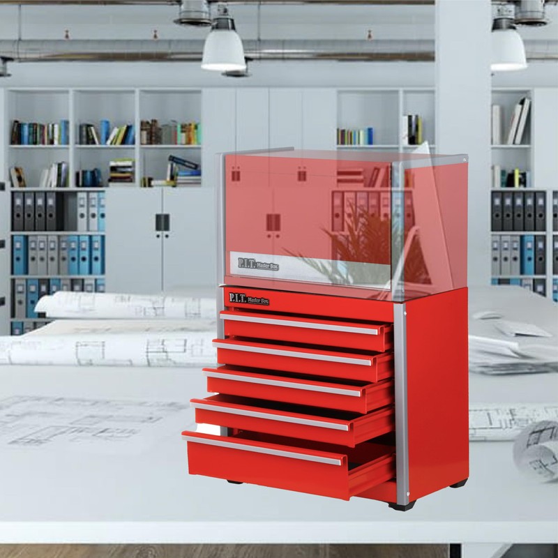 P.I.T. Mini Red Tool Box, Portable 5-Drawer Micro Roll Cab