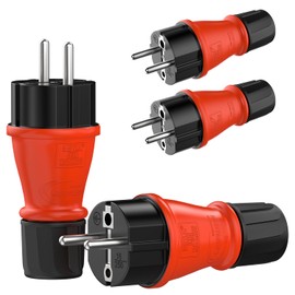 RedStar24 Schuko Plug 230 V IP54 Set of 4 Robust Protective Contact Plugs Made of Rubber and Plastic, Black Red | Hermetically Sealed Design | Perfect for Outdoor Use | 3-Pin Power Plug