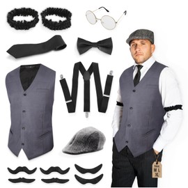 Festicy 20s Men's Costume in Mafia Gangster Look I Mafia Costume Men's Fancy Dress in Size M with Vest, Hat, Tie and Much More I Carnival Costume Men in Charleston Style, gray