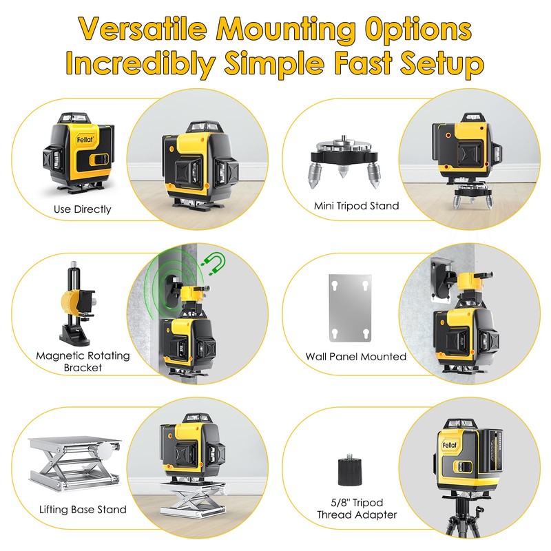 Laser Level, FELLAT 4x360°4D 16 Lines Laser for Construction, Two