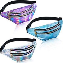 Riñonera holográfica de 3 piezas para mujeres, hombres y niños, cintura deportiva de color metálico con bolsas y cinturón ajustable, Morado oscuro, az