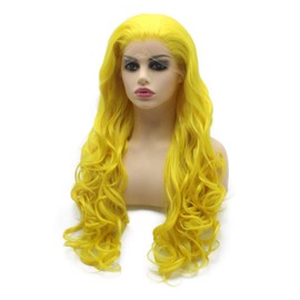 Aurssa Long Wavy Hand Tied Lace Front Yellow Cosplay Party Wig