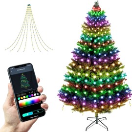 2win2buy Christmas Tree String Lights Decorations with Ring Smart APP, 160 LED Waterfall Lights IP65 Waterproof Multi-Modes with Remote Color Changing Lights for Wedding Yard Party Home Holiday