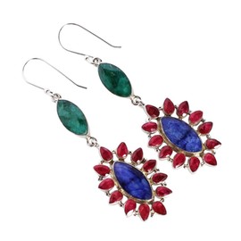 Ruby, Blue Sapphire And Emerald Teardrop Natural Gemstone Birthstone Drop Dangle Earrings 925 Sterling Silver Jewellery