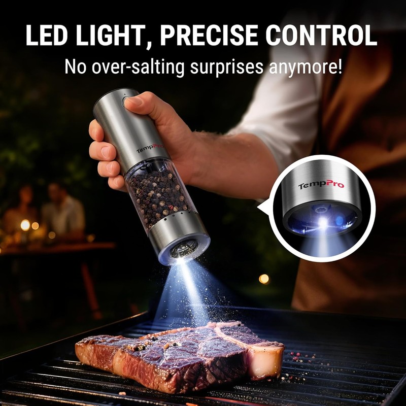 TempPro 100ml Electric Salt and Pepper Grinder Set Rechargeable, Automatic