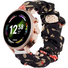 Compatible for Fossil Gen 6 Smartwatch Band, Giaogor Fabric Elastic Scrunchie Elastic Replacement Straps Compatible for Fossil Gen 6 42mm / 44mm Smartwatch (Black Flower, 42mm Case-Women)