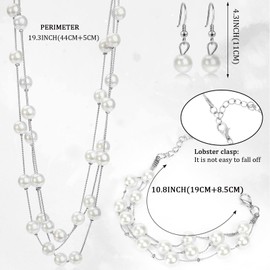 4 Pieces Layered Simulated Pearl Necklace Bracelet Earring Set Multi-Strand Bridal Choker Wedding Jewelry for Bride Bridesmaid White Pearl Necklace Pearl Earring for Women Beaded Wedding Jewelry