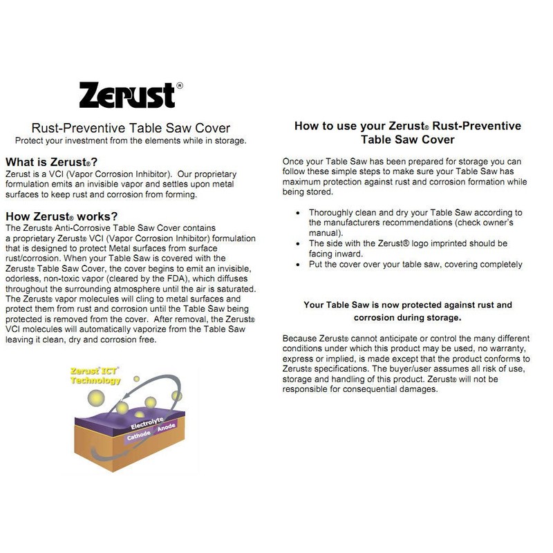 Zerust Rust-Preventive Table Saw Cover | 72inch L x 45inch
