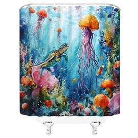 ZWSMZW Nautical Turtle Shower Curtain Jellyfish Tropical Fish Coral Coastal Underwater Watercolor World Marine Life Ocean Theme Bathroom Decor Curtains with Hooks 70" Wx70 L