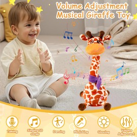 Dancing Talking Singing Giraffe Baby Toy, Tummy Time Toy Giraffe Stuffed Animal with Volume Adjustment, Singing 10 Children's Songs Light Up Toys, Repeating What You Say (Cute Yellow)