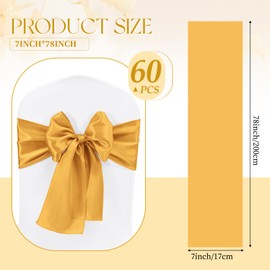 Lykoow 60 Pcs Gold Chair Sashes 78 inch Satin Chair Bows Sashes for Party, Hotel, Wedding, Reception, Restaurant Event Decoration (7 x 78 inch)