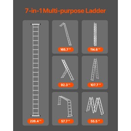 VEVOR Multi-Purpose Folding Ladder, 7-in-1 Tall Extension Step Ladder, A Frame 5 Step Telescoping Ladder, 19ft Reach Height Heavy Duty Adjustable Ladder, 330 lbs Capacity for Home Outdoor Metal