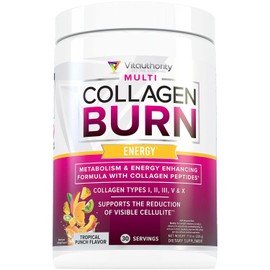 Multi Collagen Burn: MultiType Hydrolyzed Protein Peptides with Hyaluronic Acid, Vitamin C, SOD B Dimpless, Types I, II, III, V and X, with Caffeine 30 Servings Tropical Punch Flavored