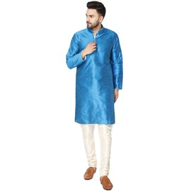 SKAVIJ Mens Indian Kurta Pajama Set Art Silk Evening Attire Casual Trendy Regular Fit Outfit (Medium, Turquoise)