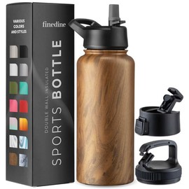 FineDine Triple Walled, Insulated Water Bottles with Straw - 32 Oz Stainless Steel Metal Bottle W/ 3 Leak Proof Lids - For Travel, School, Sports, Gym/Men, Women & Kids - Rustic Grained Sienna