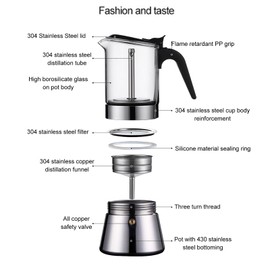 Yctze Pot, Crystal Glass Top Stainless Steel Stovetop Pot Classic Italian Coffee Maker Coffee Dripper Brewer 6 Cups for Home Traveling Cafe