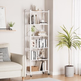 ALANNG 73.6 Inch Folding Bookshelf, 6 Tier Metal Bookcase and Bookshelves, Tall Shelves for Living Room Office Bedroom, Heavy Duty Book Shelve Free Standing Open (White, 1PACK)