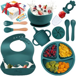 Silicone Baby Feeding Set, Suction Plates Bowls Bibs for Self Feeding Green | Baby Led Weaning, BPA-Free Suction Plates and Bowls, Baby Spoons Forks, 