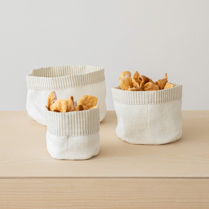 LinenMe Beige White Striped Linen Cotton Basket Jazz, MEDIUM (20
