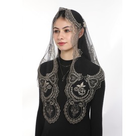 Bozidol Mantilla Veils for Church Catholic, Black Gold Blessed Virgin Mary Embroidered Lace Chapel Veil, Latin Mass Prayer Scarf Head Coverings for Women
