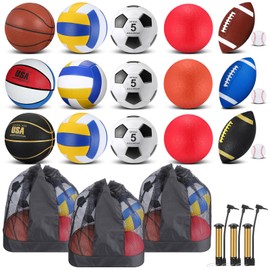 Leyndo 18 Pcs Bulk Sport Balls Set Basketball Football Volleyball Soccer Playground Ball Baseball Outdoor Sport Equipment Full Size with Sports Ball Bag Pump for Youth Adults Sport Gift (Multicolor)