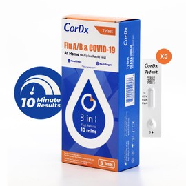 CorDx TyFast 10 Mins Flu A/B & Covid 19 Multiplex Rapid Test, Results in 10 Minutes—Precision Skip The 15 Wait, EUA Authorized, at Home 3 in 1 Combo Kit, 5 Tests, Use-Friendly & No Discomfort