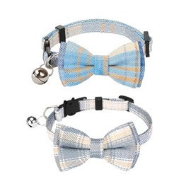 2 Pcs Plaid Bow Tie Cat Collar Soft Adjustable Kitten Collar Cute Puppy Collars Pet Bowtie Collars Dog Breakaway Collar with Bell