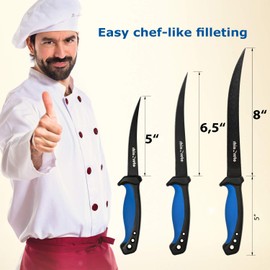 Rhinoreto Fish fillet knife. Flexible, stainless steel blade. Filet knifes for fish with sheath and sharpener. (6.5)