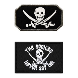 2 Pieces Pirate The Goonies Never Say Die Funny Embroidered Appliques Hook Loop Removable Armband Tactical Fastener Military Flag Patch for Clothes,Dog Harness,Backpacks,Vest,Jacket,Jeans,Hats