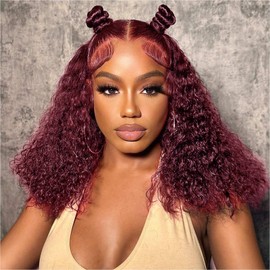 HUIWANYAN 99j Burgundy Lace Front Wigs Human Hair 14 Inch 13x4 HD Deep Wave Lace Front Glueless Wigs Human Hair Pre Plucked Red Curly Bob Wig Human Hair For Black Women 180% Density 14 Inch