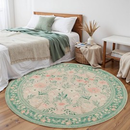 Rugxara 4ft Floral Round Rug, Washable Circle Rug, Green Boho Round Area Rug, Non Slip Low Pile Carpet for Living Room,Bedroom,Entryway,Dining Room,Girls Room,Office and Nursery(Sage Green 4ft)