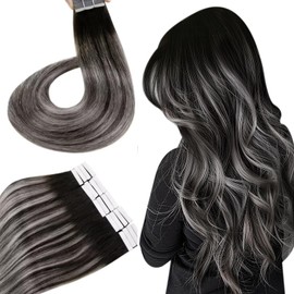 Hetto Tape in Hair Extensions Human Hair Seamless Invisible Tape in Human Hair Extensions Black Ombre Tape on Hair Extensions Natural Black to Silver Gray with Black #1b/Silver/1b 22inch 50g 20pcs