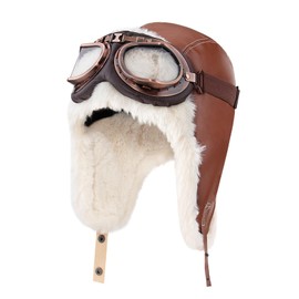 Peicees Vintage Aviator Hat and Goggles Pilot Hat Costume for Adult Kids Leather Trapper Hat with Fur Ear Flaps Winter Warm Brown