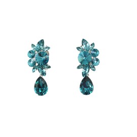 Faship Statement Teal Premium Rhinestone Crystal Dangling Floral Clip On Earrings - Teal