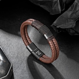 murtoo Men's Premium Leather Bracelet in Black and Brown, Magnetic Clasp Made of Stainless Steel, Great Gift Idea for Men, 20 inches, Stainless Steel