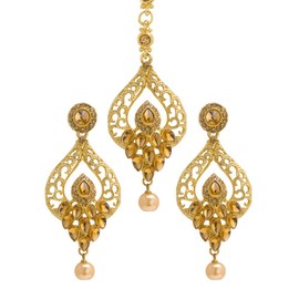 Bindhani Golden Stone Small Filigree Style Maang Tikka & Indian Earrings For Women