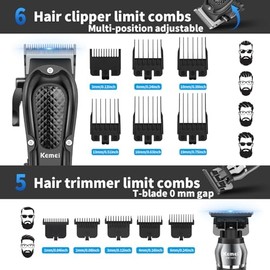 KEMEI Professional Hair Clippers for Men, Cordless Barber Clipper Beard Trimmer Foil Shaver Nose Eyebrow Ear Trimmer Set, USB Charging Complete Electric Hair Cutting Grooming Kit with 11 Guide Combs