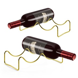 TONLEA Countertop Wine Rack, 2 Bottles Wine Storage, Metal Wine Holder, Cup and Water Bottle Organizer for Cabinet, Pantry, 2 Pack Gold