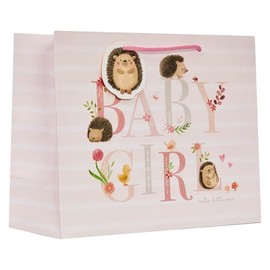 Design By Violet Hetty Hedgehog Large Shopper Bag – Baby Girl Gift Bag with Cute Hedgehog Design, Pink Striped Background, Luxury Paper Bag with Tag – Perfect for Baby Shower & Newborn Gifts