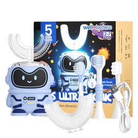Well Before Kids U Shaped Electric Toothbrush with 5 Brush Heads, Ultrasonic, 5 Modes, IPX7 Waterproof Design (Spaceman, Blue Ages 2-7)