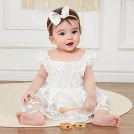 Newborn Baby Girl Romper Dress Flower Embroidered Puff Sleeve Tulle Bodysuit Headband Summer Princess Dresses (White,3-6 Months)